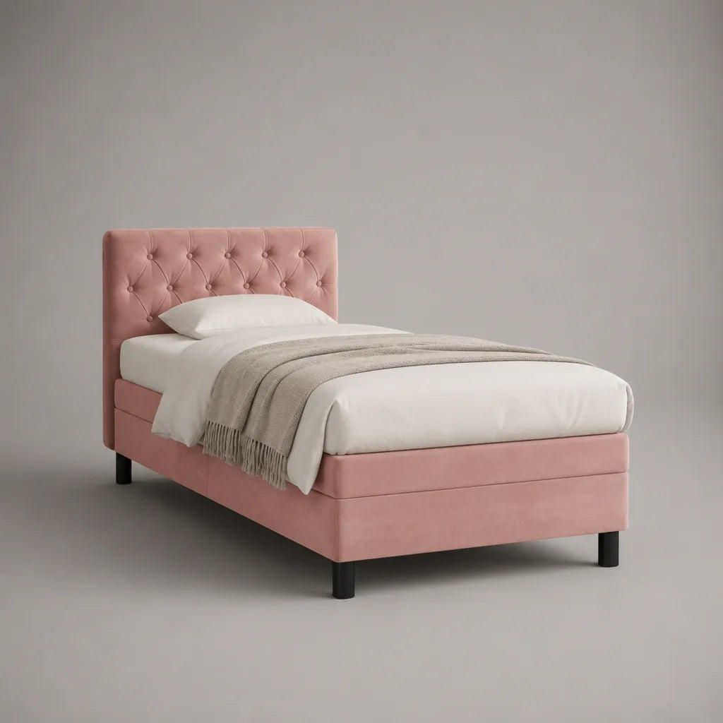 Polsterbett Einzelbett mit Lattenrost und Knopfheftung aus Polyester-Samt, Altrosa, Liegefläche 90 × 200 cm, Gesamtmaß 213 × 105 × 110 cm