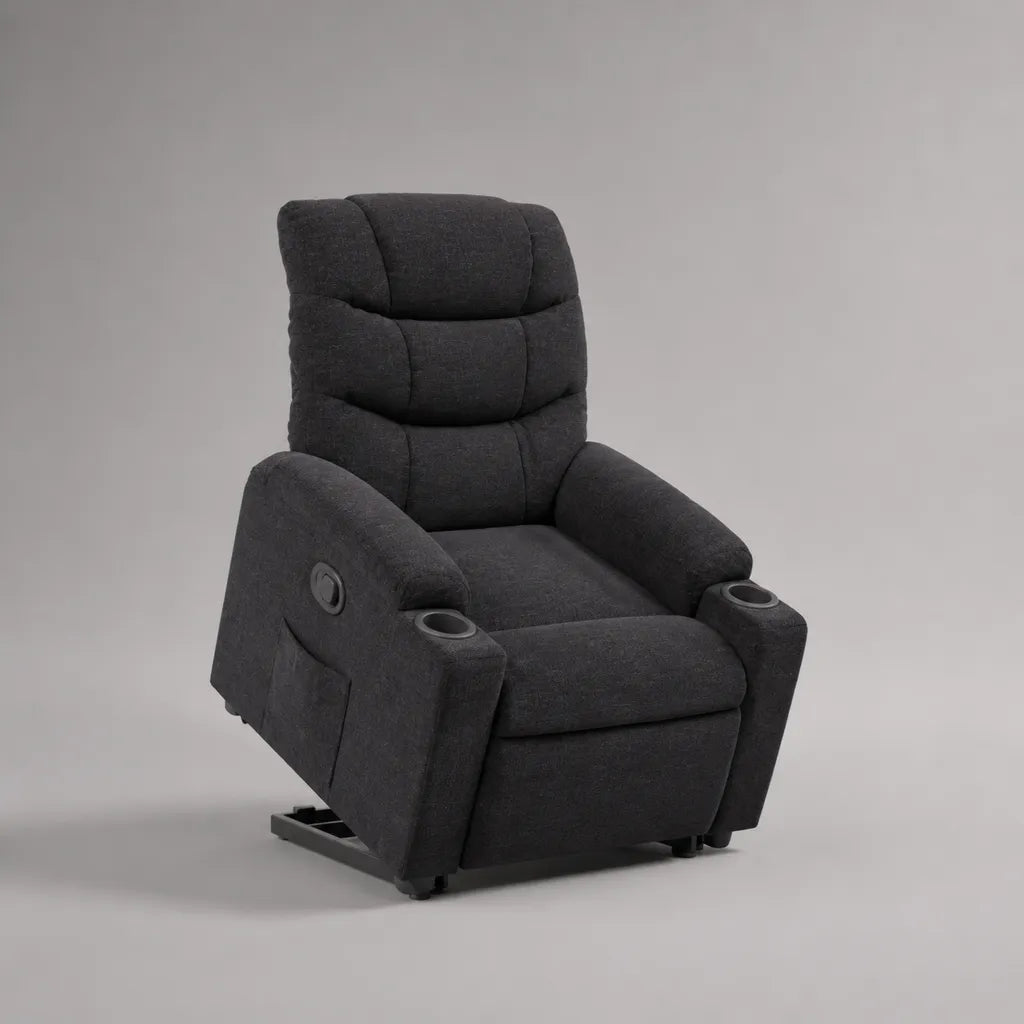 Elektrischer Fernsehsessel mit Aufstehhilfe, Liegefunktion und 2 Getränkehaltern, Polyester, Dunkelgrau, 94 × 96 × 105 cm