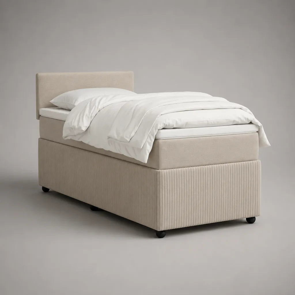 Boxspringbett 90 x 200 cm mit Matratze, Topper, Kopfteil und Polyester-Cordbezug, Beige