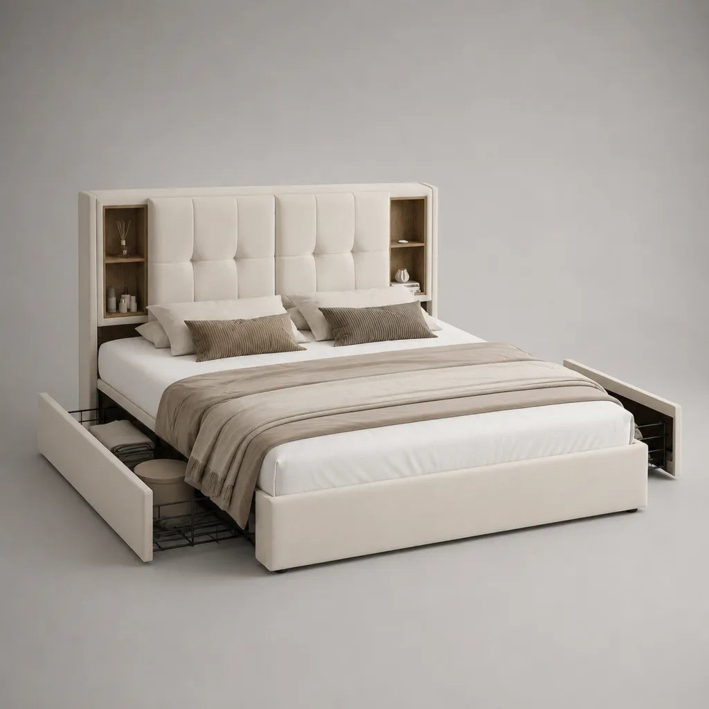 Polsterbett mit 2 Schubladen und Kopfteilregalen, Polyester und MDF, Cremeweiß, Liegefläche 180 × 200 cm, Gesamtmaß 220 × 240 × 125 cm