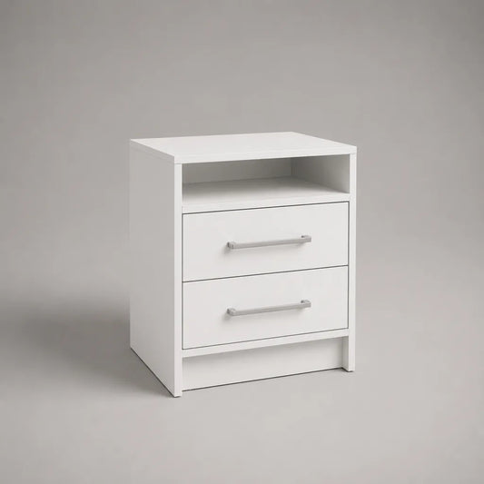 Nachttisch aus MDF mit 2 Schubladen und offenem Fach, Weiß/Silberfarben, 45 × 35 × 60 cm