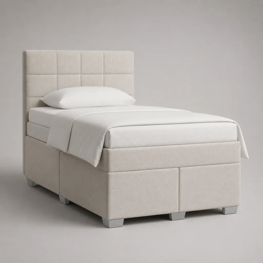 Boxspring-Einzelbett mit Matratze und gepolstertem Kopfteil, Cremeweiß und Silbergrau, Liegefläche 100 × 200 cm, Gesamtmaß 112 × 210 × 120 cm