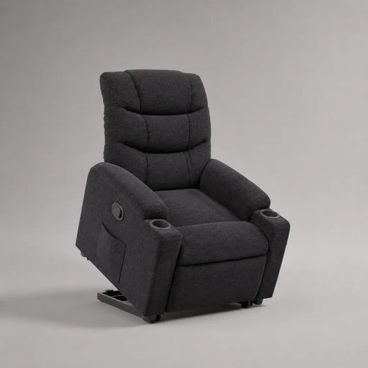 Elektrischer Fernsehsessel mit Aufstehhilfe, Liegefunktion und 2 Getränkehaltern, Polyester, Dunkelgrau, 94 × 96 × 105 cm