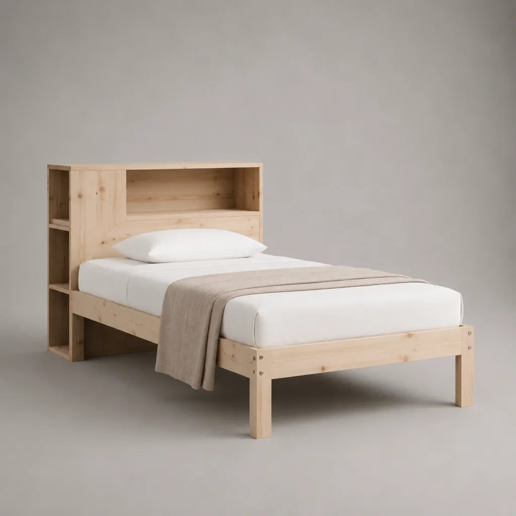 Einzelbett aus Kiefer-Massivholz mit Regal-Kopfteil, Natur, Liegefläche 90 × 200 cm, Außenmaß 216 × 101 × 120 cm