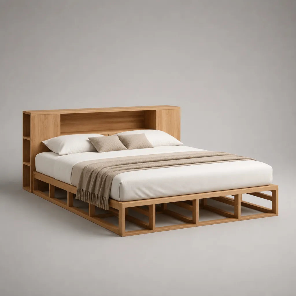 Stauraumbett Doppelbett aus massivem Eichenholz, Eiche Natur, Liegefläche 180 × 200 cm, Außenmaß ca. 220 × 200 × 110 cm