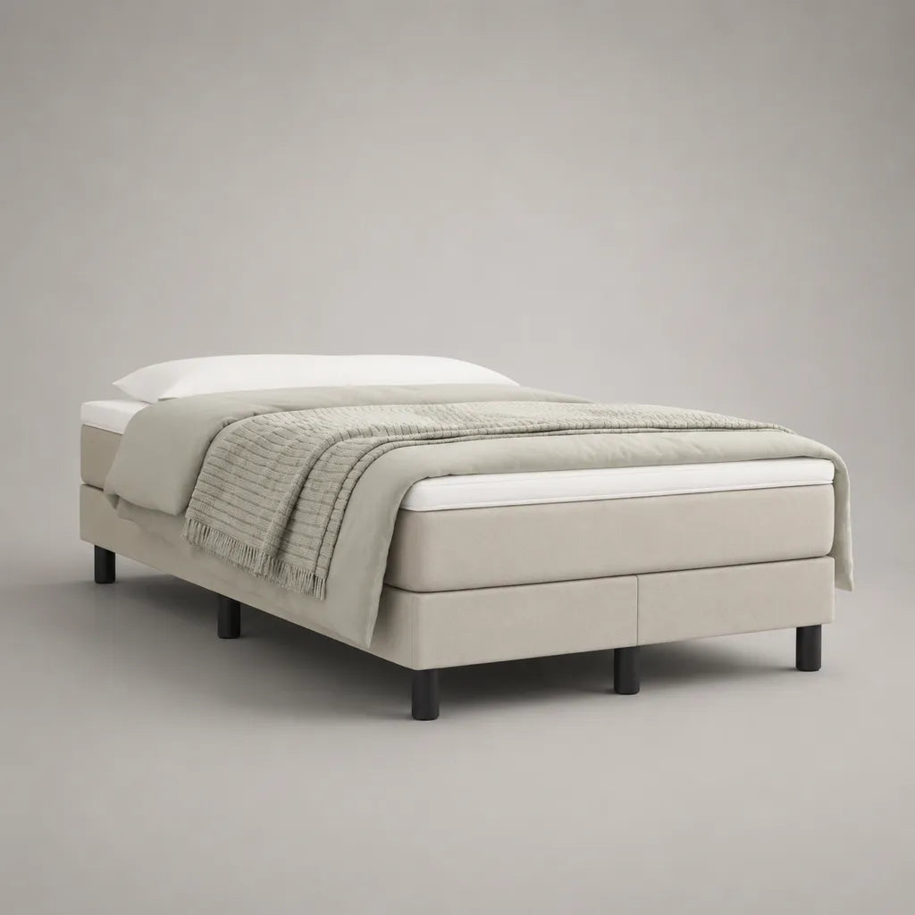 Boxspringbett 180 × 200 cm aus Holz mit Polyesterbezug, ohne Kopfteil, Greige