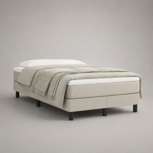 Boxspringbett 180 × 200 cm aus Holz mit Polyesterbezug, ohne Kopfteil, Greige