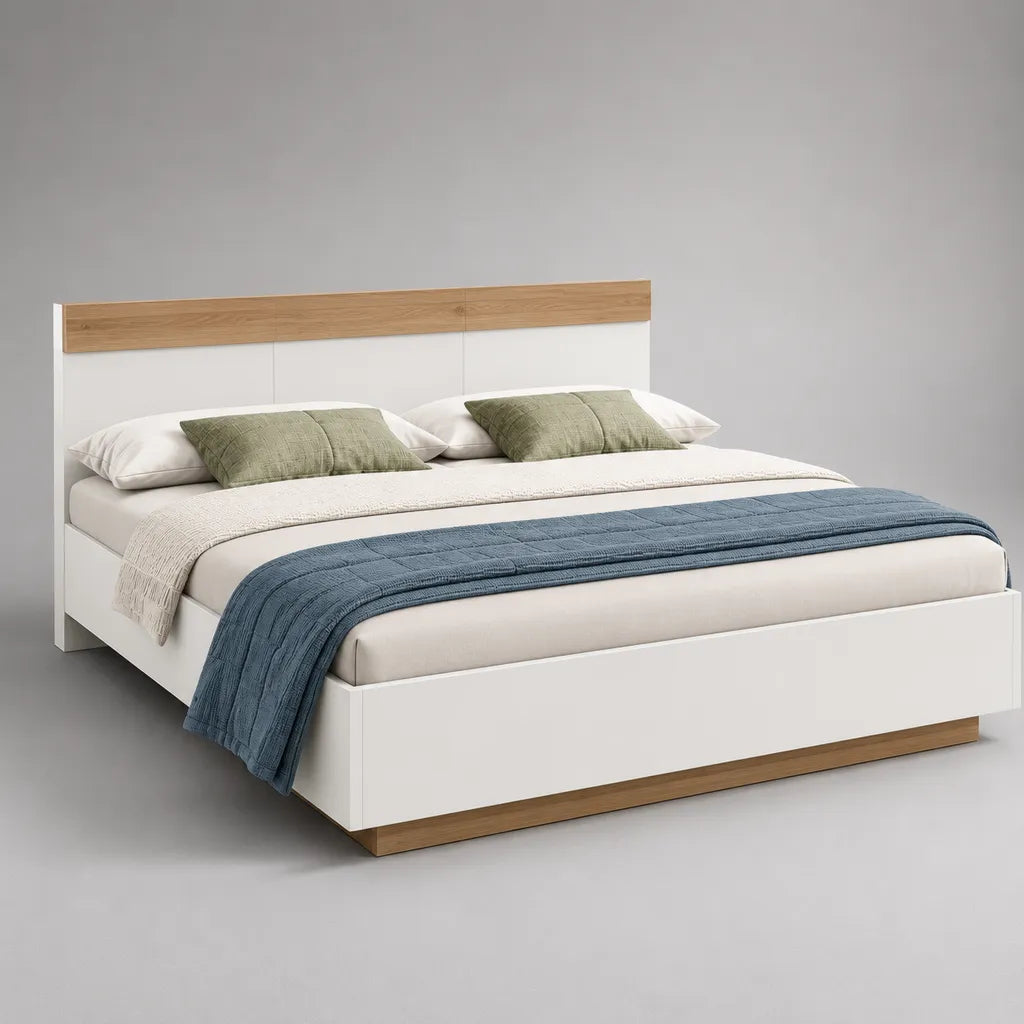 Doppelbett aus Spanplatte, Weiß und Eichefarben, Liegefläche 180 x 200 cm, Gesamtmaß 188 x 208 x 105 cm
