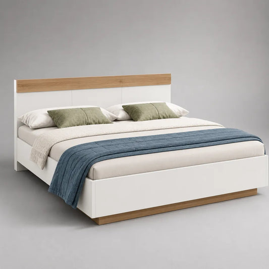 Doppelbett aus Spanplatte, Weiß und Eichefarben, Liegefläche 180 x 200 cm, Gesamtmaß 188 x 208 x 105 cm