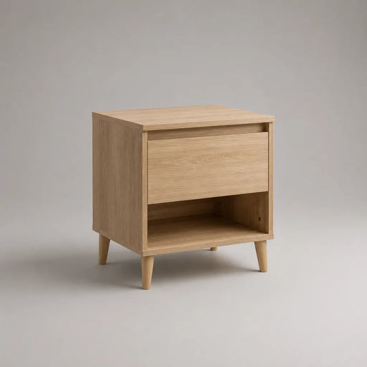 Nachttisch aus MDF mit Eichenfurnier, 1 Schublade und offenem Fach, Eiche hell/Natur, 45 × 40 × 55 cm