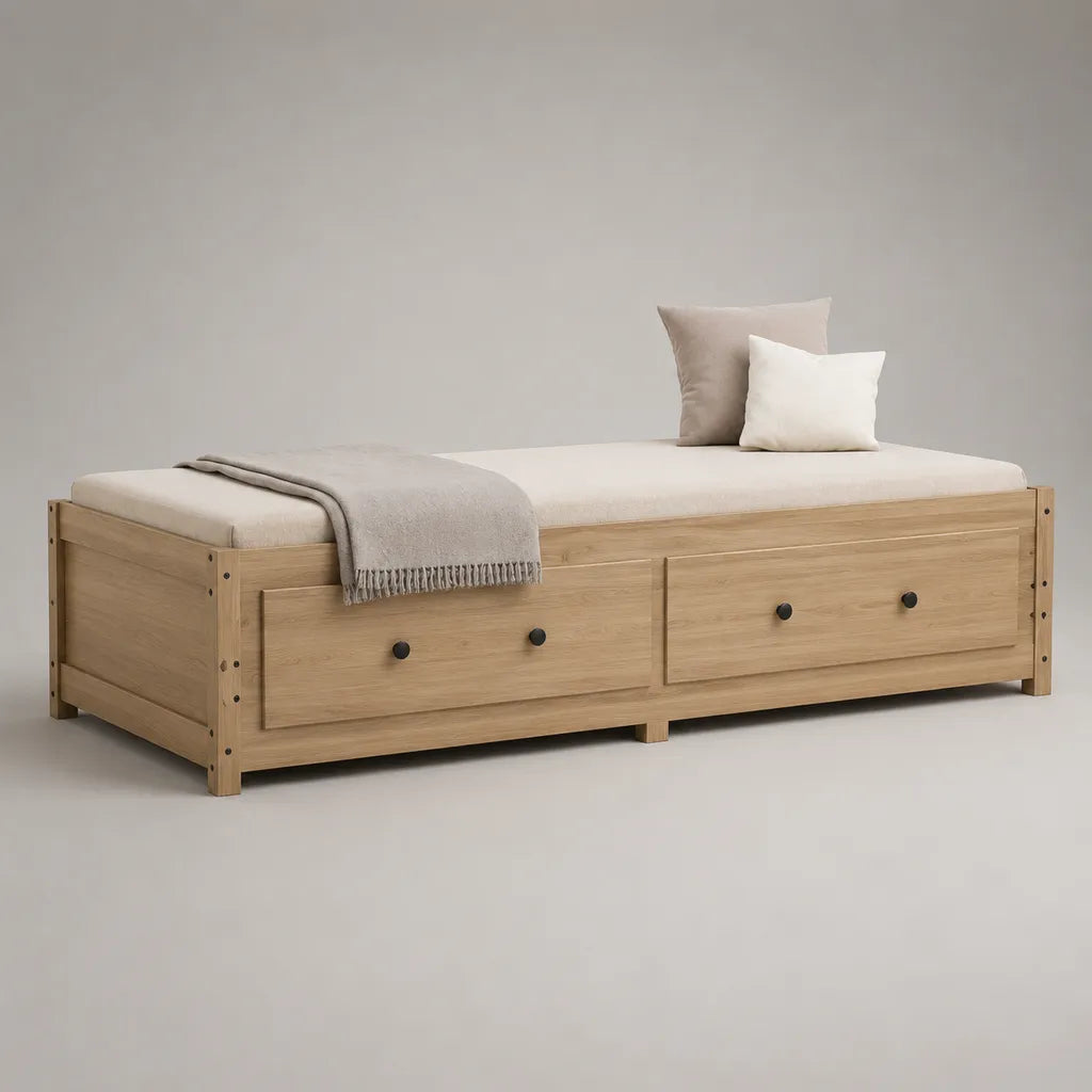 Tagesbett aus massivem Kiefernholz mit 2 Schubladen, Natur und Schwarz, Liegefläche 90 × 200 cm, Gesamtmaß 205 × 96 × 55 cm