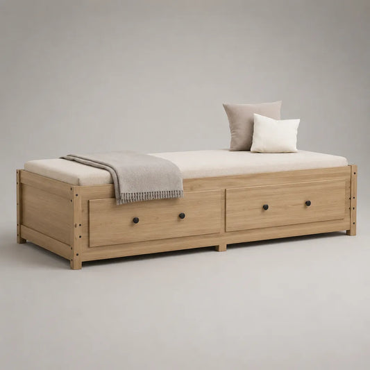 Tagesbett aus massivem Kiefernholz mit 2 Schubladen, Natur und Schwarz, Liegefläche 90 × 200 cm, Gesamtmaß 205 × 96 × 55 cm