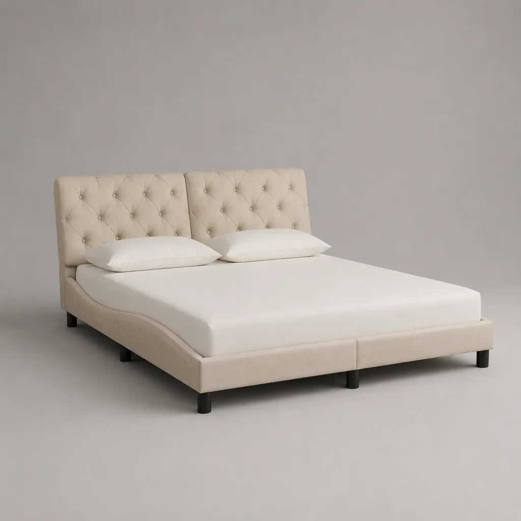 Polsterbett Doppelbett 180 × 200 cm mit Lattenrost, Polyesterbezug und Massivholzrahmen, Cremeweiß/Schwarz
